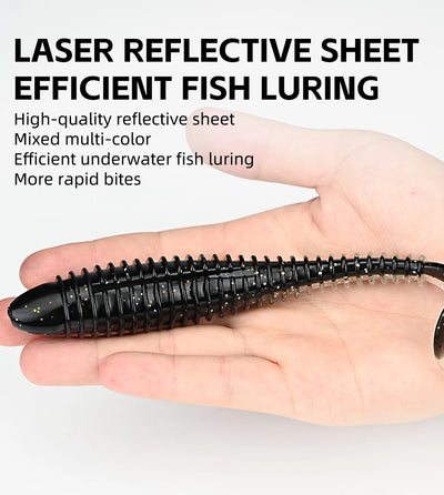 Soft T-tail silicone fishing lure, black ribbed body with clear reflective sheet effect