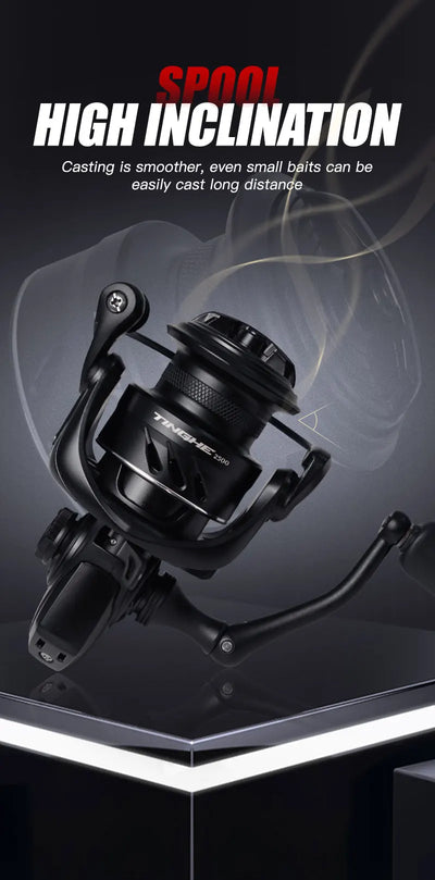 SEASIR black spinning fishing reel with front drag knob and angled spool