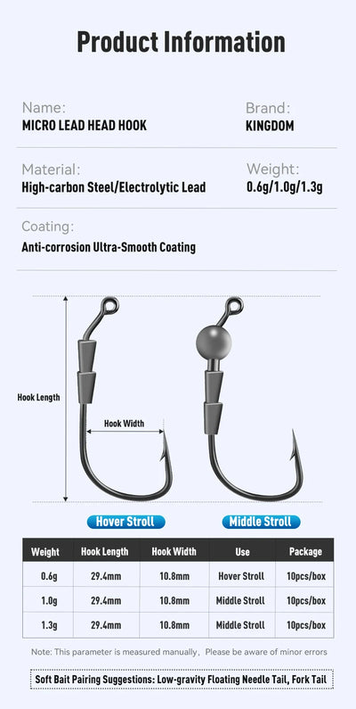 Micro lead head hook product information layout with weights 0.6g, 1.0g, 1.3g
