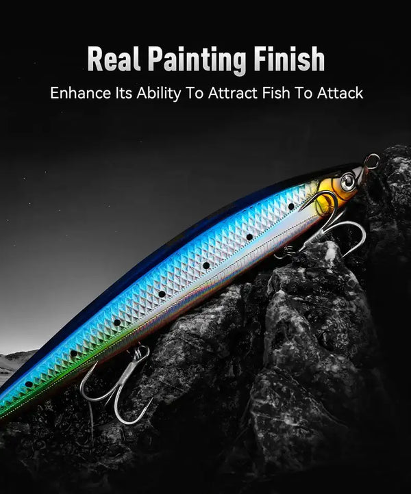 Sinking pencil fishing lure with blue back and green accents, 3 treble hooks
