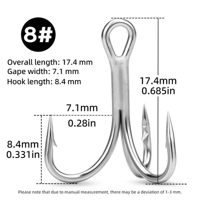 Size 8# chrome treble hook, overall 17.4mm, three barbed points