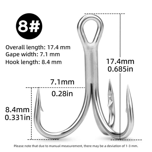 Size 8# chrome treble hook, overall 17.4mm, three barbed points