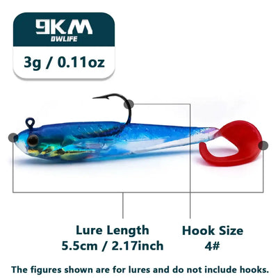 Pre-rigged paddle tail swimbait with blue body and red paddle, 5.5cm length