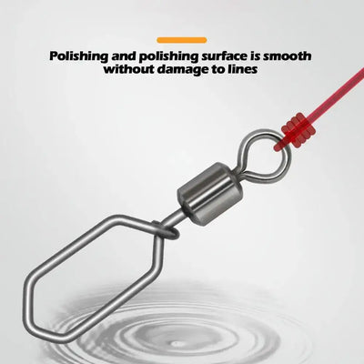 Fishing swivel snap connector with smooth metal barrel and U-shaped wire link, dark silver