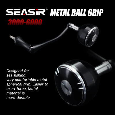 Black spinning reel handle with metal ball grip end knob