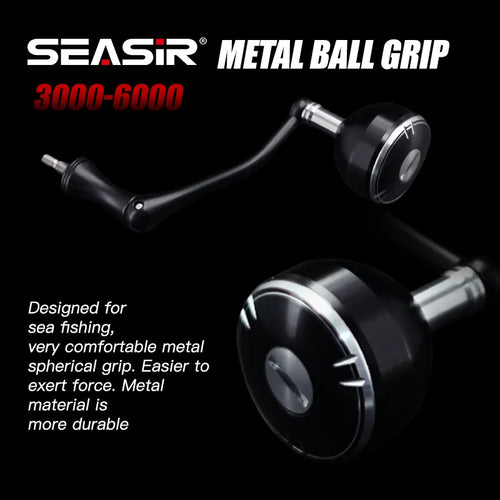 Black spinning reel handle with metal ball grip end knob