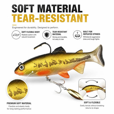 Soft swimbait fishing lure with yellow speckled body, orange belly, and gold spinner blade
