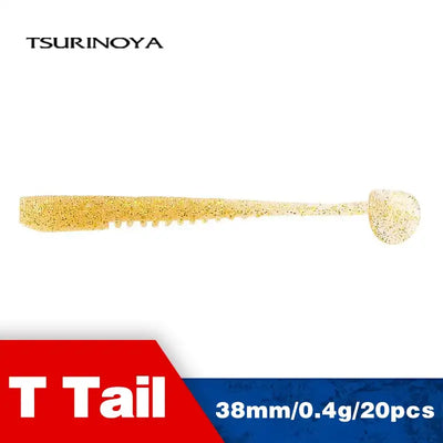 Soft plastic worm lure, glittery gold T-tail style with flared round head