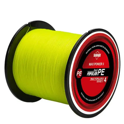Braided fishing line spool with neon yellow-green line wound around a black reel