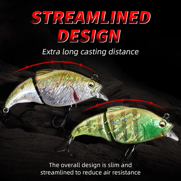 Two stream-lined fishing lures: silver-blue and green-gold with treble hooks