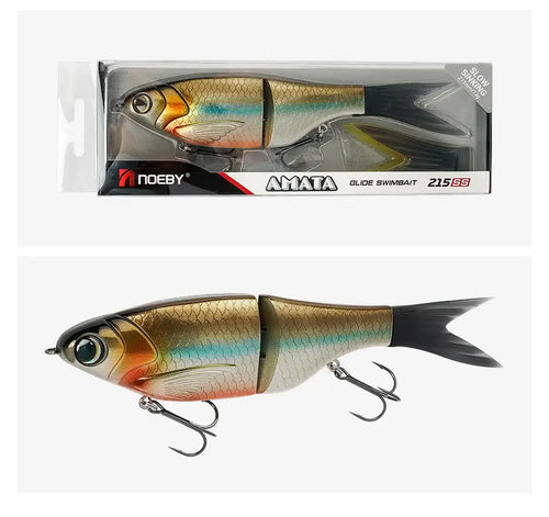Glide swimbait lure in retail box and loose, gold-blue scales with treble hooks