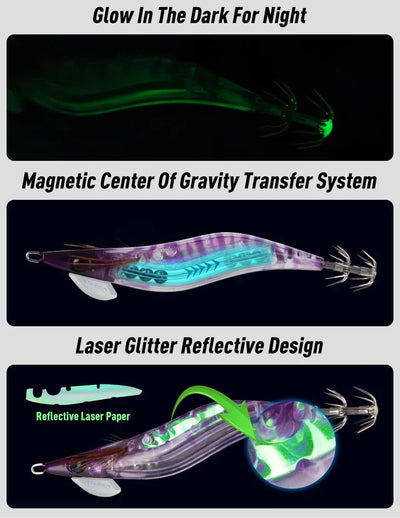 Glowing squid jig lure with purple/teal translucent body, laser-glitter reflective design