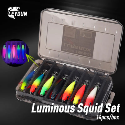LEYDUN Luminous Squid Jig Set – Horizontal Wood Shrimp | BKK Hooks | ABS Body | 60 & 70 Series | 5-Pack & 14-Pack