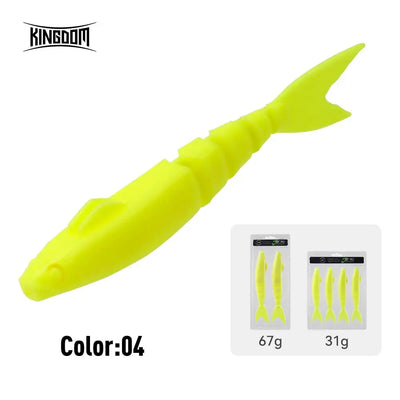 Soft jointed swimbait fishing lure, bright chartreuse, shown with 2x 67g and 4x 31g pack