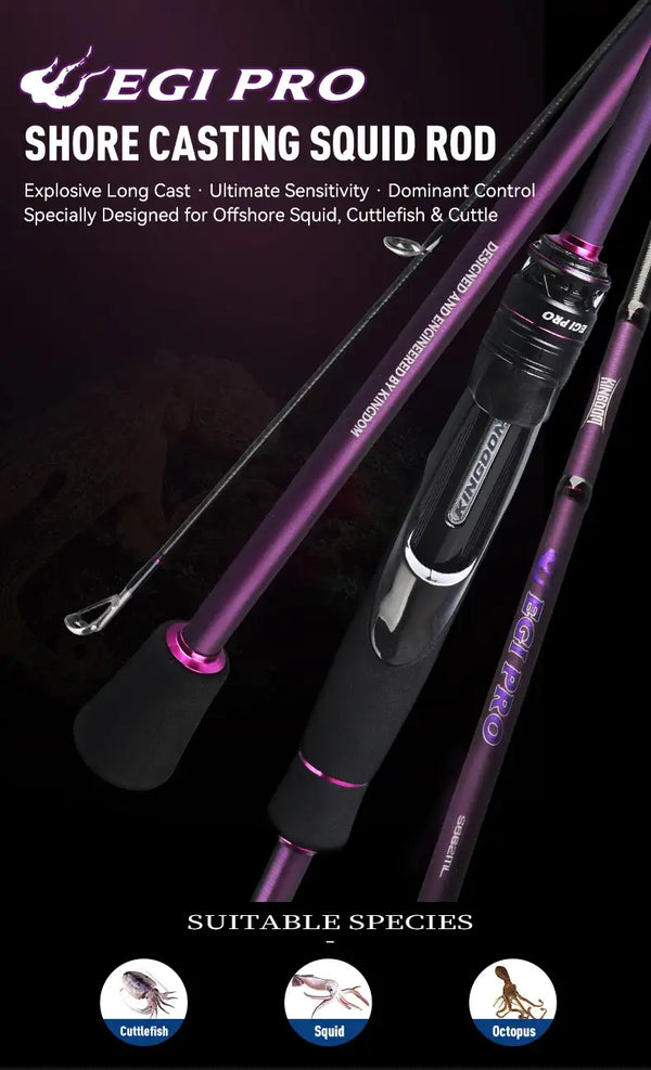 Purple squid shore-casting fishing rod with black reel seat and multiple line guides