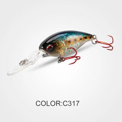 Sinking minnow crankbait in teal-blue with black back, red treble hooks, clear lip