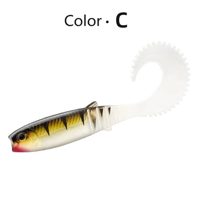 Soft silicone fishing lure, color C: white body with black back and yellow accents, fork tail