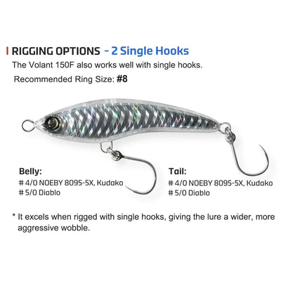 Floating stickbait lure with single-hook rig, silver-green scale pattern body