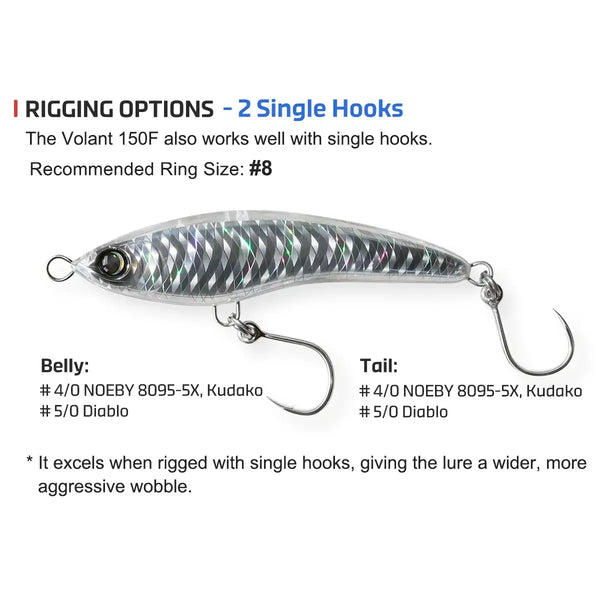 Floating stickbait lure with single-hook rig, silver-green scale pattern body