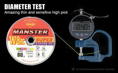 Fishing line spool with diameter test gauge, labeled MANSTER W8x SUPER STRONG PE