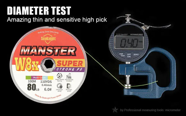 Fishing line spool with diameter test gauge, labeled MANSTER W8x SUPER STRONG PE