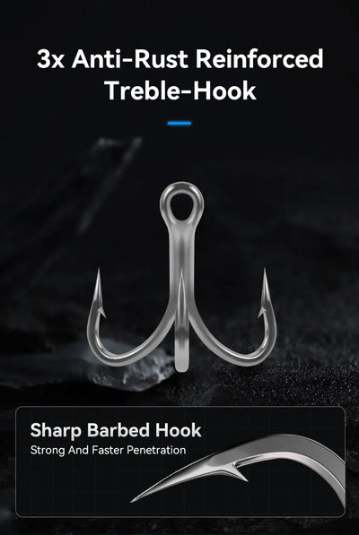 Three-hook treble set with anti-rust barbed steel hooks