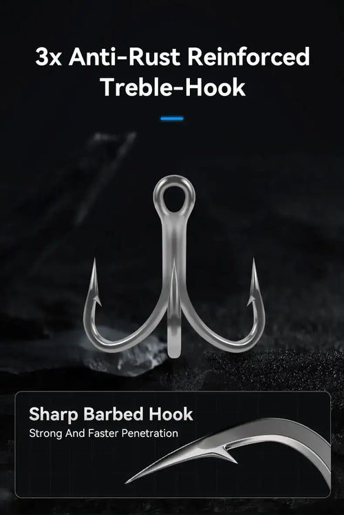 Three-hook treble set with anti-rust barbed steel hooks