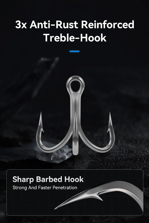 Three-hook treble set with anti-rust barbed steel hooks