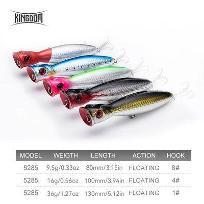 Floating popper fishing lure set with red, pink, green, and black bodies; treble hooks