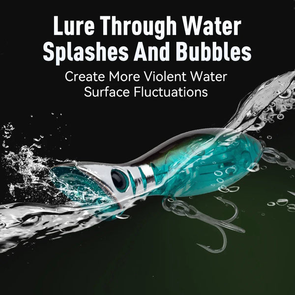 Teal popper fishing lure with water splash and bubbles