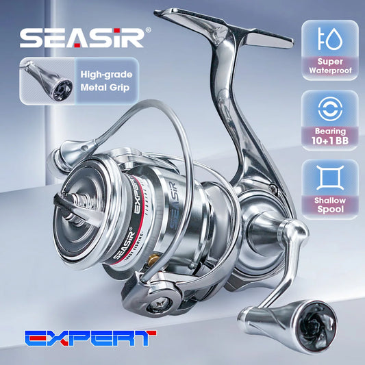 Metal spinning fishing reel with chrome finish, shallow spool, and one-piece handle