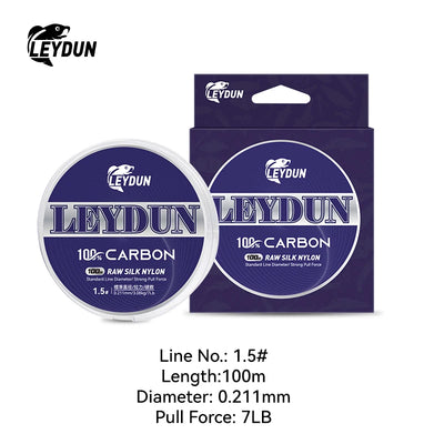 Fluorocarbon leader line spool with blue carbon card, 1.5# size info shown