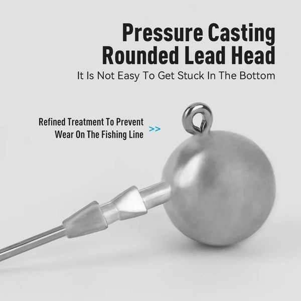 Triple-edge lead head jig hook with rounded gray lead head and metal hook shank