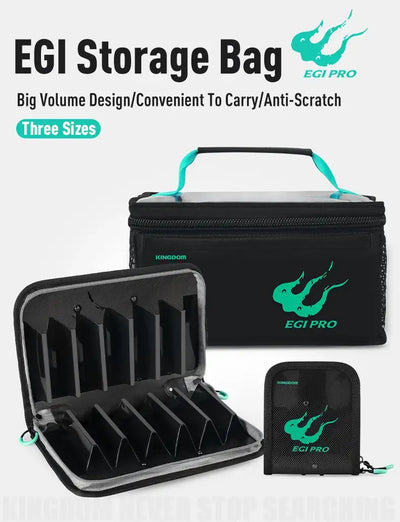 Black EGI storage bag with teal handles, open grid insert, and small pouch