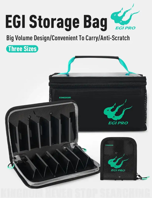 Black EGI storage bag with teal handles, open grid insert, and small pouch