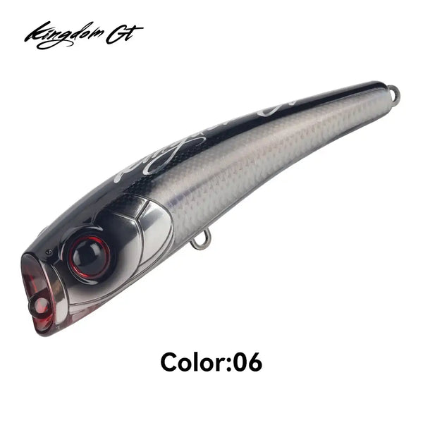 Kingdom GT popper lure, dark gray floating topwater with red-eyed detail and hook