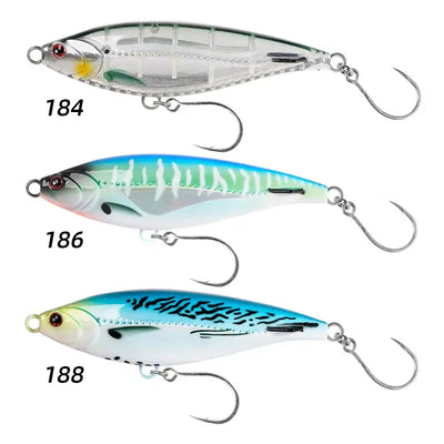 Three stickbait lures: clear shad, white-green stripe, and light blue tiger pattern with treble hooks