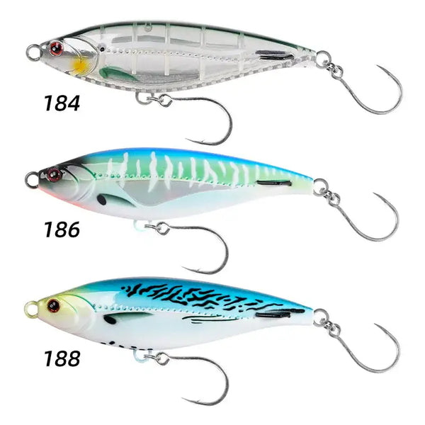 Three stickbait lures: clear shad, white-green stripe, and light blue tiger pattern with treble hooks