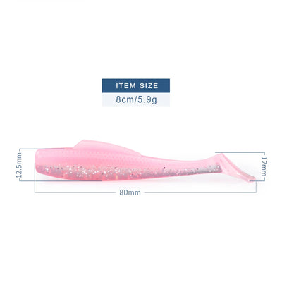 Pink translucent soft plastic paddle tail minnow lure with speckle details