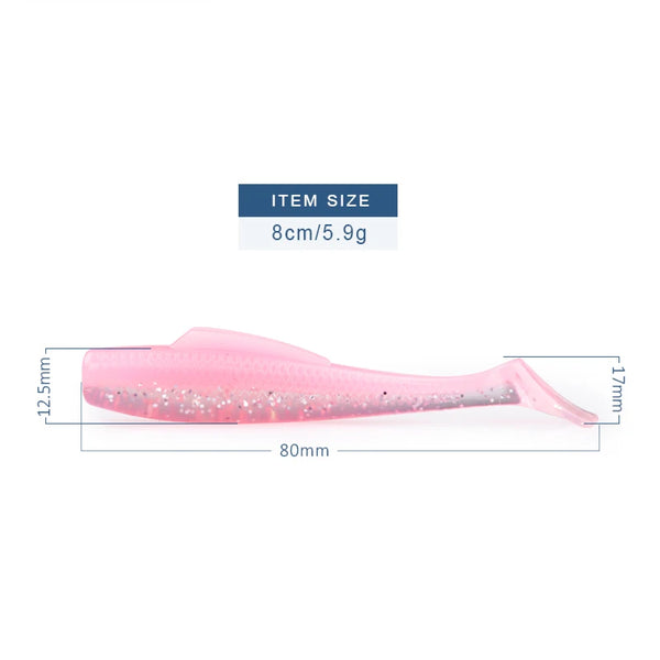 Pink translucent soft plastic paddle tail minnow lure with speckle details