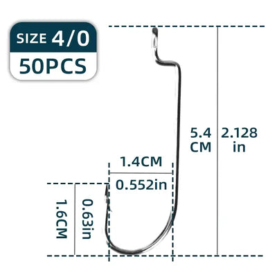 Size 4/0 weedless worm fishing hook, 5.4 cm length dimension