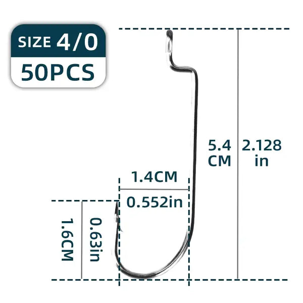 Size 4/0 weedless worm fishing hook, 5.4 cm length dimension