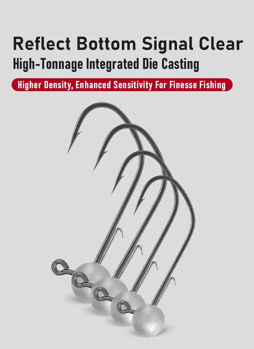 Micro jig head with multiple curved hooks and ball lead heads for clear bottom signal