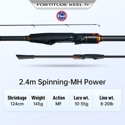 2.4m spinning MH power fishing rod, black blank with orange accents and Fuji badge