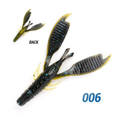 Soft plastic bass jig trailer craw, black with green and blue highlights, code 006