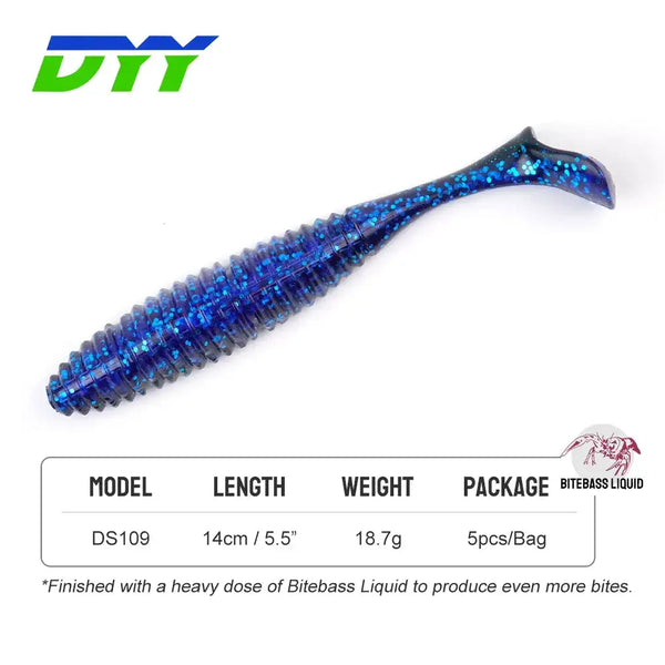 14cm blue glitter silicone swimbait with ridged body and curved tail fin.