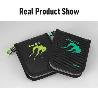 Black egi storage bags with green octopus logos and side straps