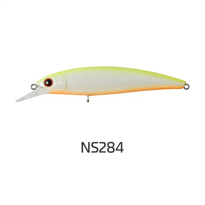 White and yellow floating minnow jerkbait with orange tint, red eye, treble hooks
