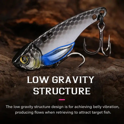 Tsurinoya Ares-a metal VIB fishing lure in silver black with blue accents three treble hooks low centre of gravity