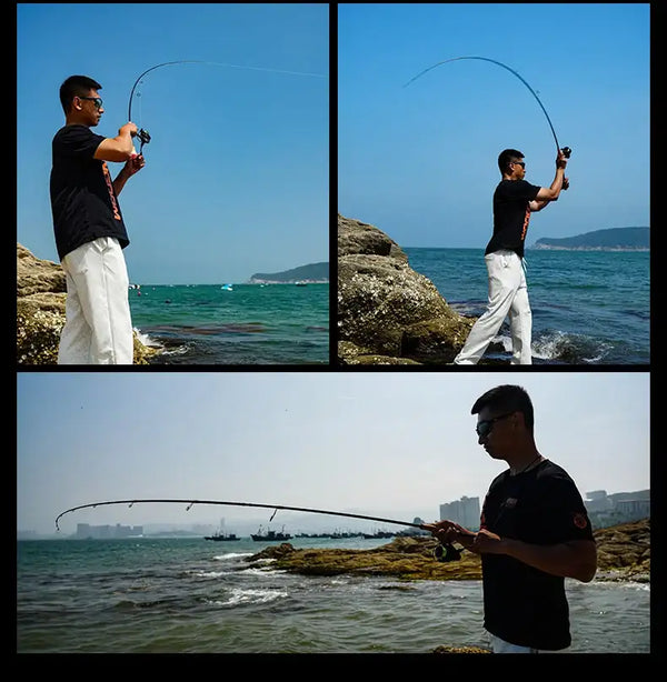 Angler using a black fishing rod with tan cork handle and line guides
